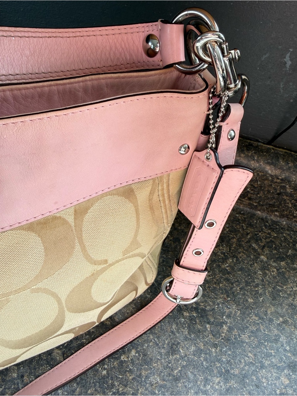Coach Signature Canvas Shoulder Bag with Pink Leather Trim